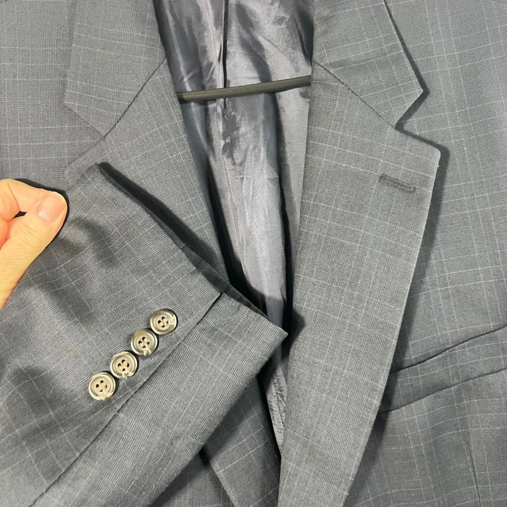 Lauren‎ Ralph Lauren Windowpane Plaid Jacket Blazer Navy Blue Wool Cashmere 48R
